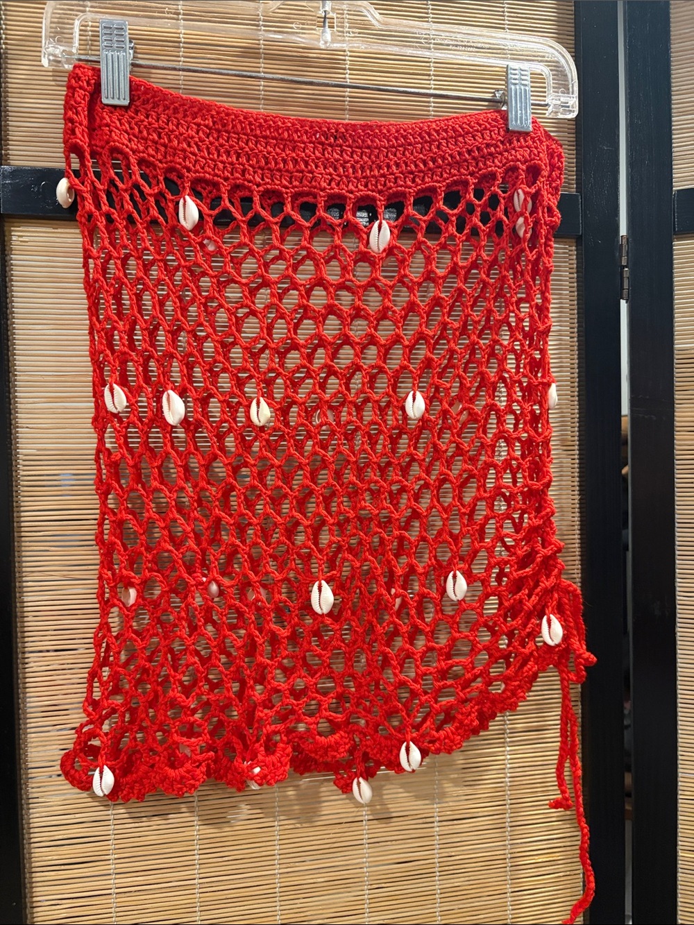 Handmade Red Crochet Shell Accent Skirt Cover-Up